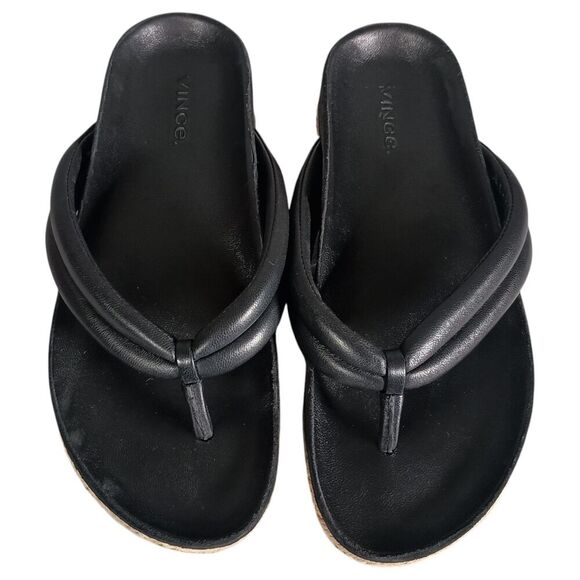 Vince Sandals 7 Womens Black Comfort Slide Thong Leather Flat Slip On Casual - Picture 3 of 9